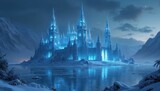 Icy castle glows at night on frozen winter lake. Mountains surround majestic fantasy architecture under cloudy sky. Fairytale winter background. Cold weather season concept. Great for Christmas