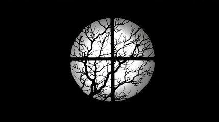 Wall Mural - Monochrome tree branches seen through a circular window with cross pattern.