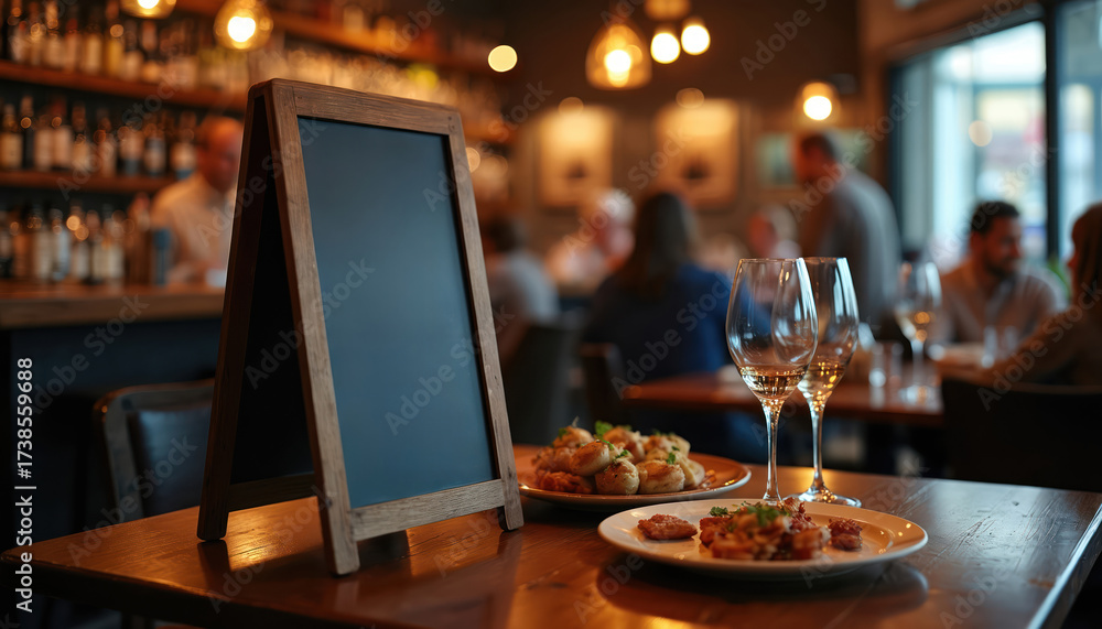 Empty blackboard menus on table with wine glasses and appetizers in ...