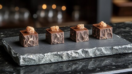 A DSLR view of a single piece of dark chocolate with a small bite taken out of it, placed on a minimalist stone plate with soft, diffused light emphasizing its texture