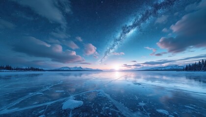 Wall Mural - Milky Way galaxy shines over vast frozen lake. Clear night sky with countless stars. Horizon shows bright light reflecting on cracked ice surface. Winter mountain landscape with snowy pine trees.