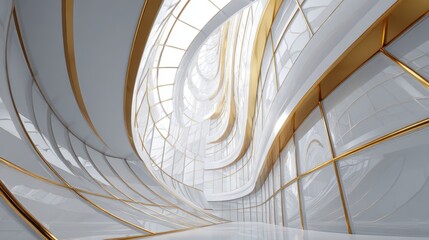 Wall Mural - Futuristic architectural interior design with curved gold and white elements