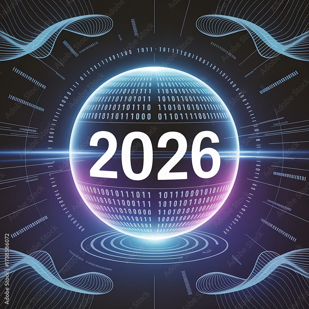 Glowing sphere with the year 2026 and binary code on a dark digital ...