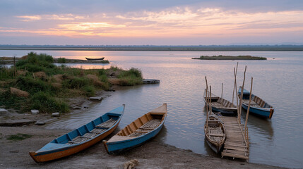 Naklejka na meble a river road with boats and docks, cluttered with ropes, soft natural light at sunset, a family in a car delivering, natural poses as they tie, detailed textures on the ropes' hemp and car's