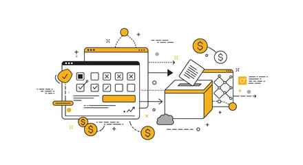 Online voting and blockchain technology in a modern line art style