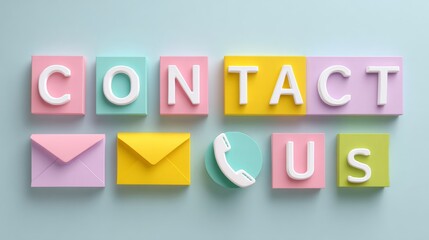 Pastel contact us blocks with mail and phone icons on soft blue background
