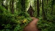 © Ahsan - Discover a serene stone chapel hidden deep within a lush, ancient forest, with a winding dirt path inviting quiet contemplation and spiritual retreat.