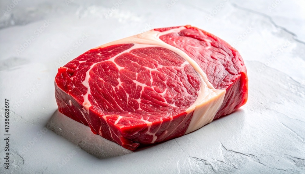 Raw ribeye steak with marbled fat on light surface, thick cut and ...