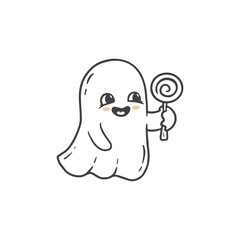 Wall Mural - cute halloween ghost. Sketch of ghost on white background. Funny ghost with candy in doodle style.Vector illustration
