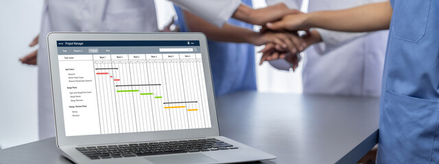 Wall Mural - Project planning software for brisk business project management on the computer screen showing timeline chart of the team project