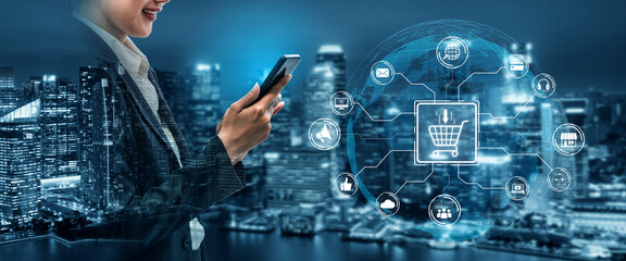 Wall Mural - Omni-channel marketing and online shopping strategies, cross-platform customer experience, brand unification, and integrated marketing communication across digital channels. Spline