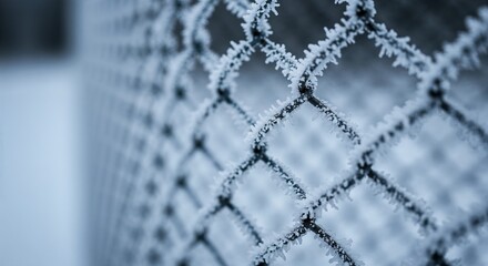 A detailed macro view of a chain-link fence covered in sharp white frost and ice crystals, creating a cold, textured pattern with a blurred blue-gray background.