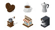 © allavn - Isometric coffee icons featuring espresso machine and moka pot for cafes