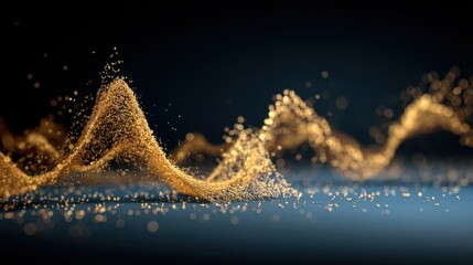 Wall Mural - Golden Particles Flowing in Abstract Wave Pattern Against Dark Background, Creating Stunning Visual Effect of Light and Texture in Motion