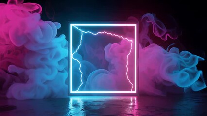 Neon Square Frame with Colorful Smoke - Abstract, Dynamic Background.