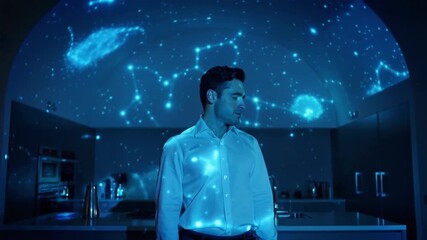 Wall Mural - Man in kitchen with starry projection