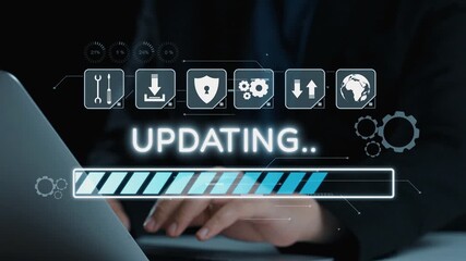 Wall Mural - Close-up view of a person using a laptop during a system update. A digital loading bar and icons illustrate the technology process, symbolizing connectivity and security. Qubit