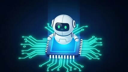 Cute cartoon robot sitting on a computer microchip with glowing circuit lines