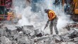 © Jojo* - Construction worker utilizing a jackhammer, breaking up concrete during a demolition project, with safety vest and protective gear, amidst dust clouds and heavy machinery, illustrating manual labor.