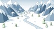 © ida - Serene winter landscape illustration depicts snow covered mountains surrounding a valley with a meandering river and scattered evergreen trees, conveying a calm and peaceful ambiance under a clear...