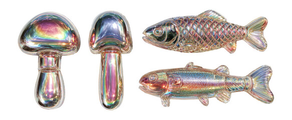 Colorful Transparent Cartoon Objects of Fish and Mushroom Shapes