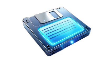 Wall Mural - A 3D rendered, shiny, square floppy disk with glowing blue lines on a black background