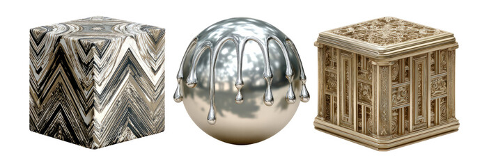 Metallic Objects with Unique Textures and Shapes on Transparent Background