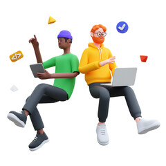 Two 3D Rendered People Working Back to Back on Laptops and Table With Transparent Background Wearing Casual Outfits