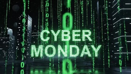 Neon green CYBER MONDAY text with binary code background