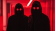 © Sirichai - Hooded Figures in Red Light: A chilling scene unfolds as two mysterious figures, shrouded in darkness, stand illuminated by an eerie red glow. Their ominous red eyes create an unsettling atmosphere.