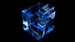 © Pickoloh - A complex geometric structure made of transparent blue glass cubes, arranged in an intricate pattern against a black background