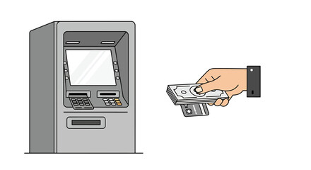 Illustration depicts an ATM machine with a hand withdrawing cash, showing financial transaction.