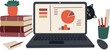© kyy - Laptop with charts stacked books plant cat pencils ruler mouse paper
