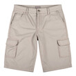 © Kareem - Comfortable beige cargo shorts, meticulously photographed against a stark black background, showcasing the garment's details.