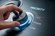 © Aimo Studio - Hand turning a priority knob to high setting showing focus and importance in decision making process