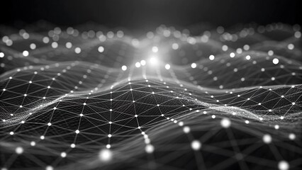 Abstract digital network with glowing connection lines and dots in black and white

