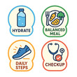 © Freelance - Healthy lifestyle icons representing hydration, balanced meals, daily exercise, and medical checkups for well-being and preventive care
