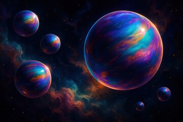 Wall Mural - Vivid cosmic spheres drifting through iridescent nebulae with starfields on deep space backdrop