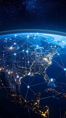 Wall Mural - Earth from space showing North America with interconnected global network connections and city lights at night