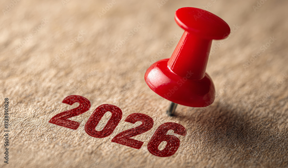 Close-up of red pushpin marking the year 2026 on a textured surface ...