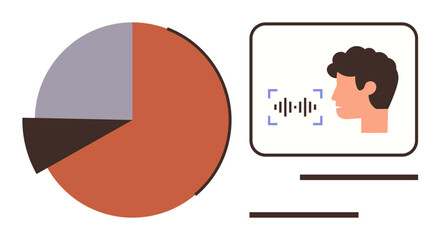 Human profile with sound wave analysis and pie chart for data insight. Ideal for tech, data analytics, machine learning, AI, communication, statistics, education themes. Simple flat metaphor