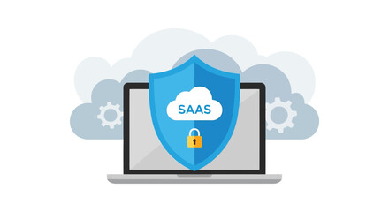 Vector illustration of laptop with a shield and cloud icon representing saas software as a service security