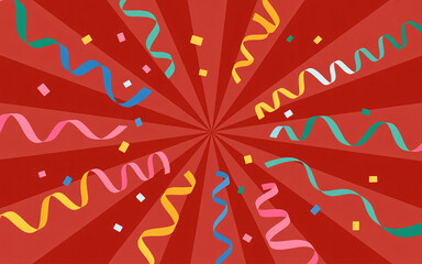 Festive celebration background with colorful streamers and confetti exploding outwards from a central point on a vibrant red sunburst pattern, perfect for party invitations and event announcements