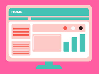 A vector illustration of a computer monitor displaying a website interface with data visualization.