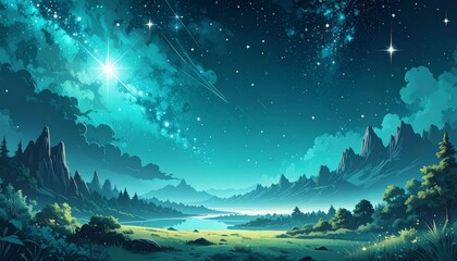 Wall Mural - Abstract blue night sky landscape of mountains and clouds over water with stars and lights on the horizon