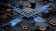 © slotzstock - Close up of a central processing unit on a dark circuit board Glowing blue data pathways and orange elements illuminate