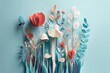 © Qianzi - Paper cut-out floral arrangement of stylized blooms, fungi, and foliage, set against a pastel blue backdrop