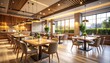 © pornpun - Restaurant Interior with Glass Windows and Warm Sunlight Flare