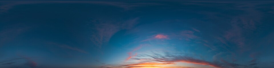 Wall Mural - Dark moody twilight Sunset sky 360 panorama with bright glowing red pink Cirrus clouds. HDR 360 seamless spherical panorama. Sky dome for aerial drone panoramas. Climate and weather change