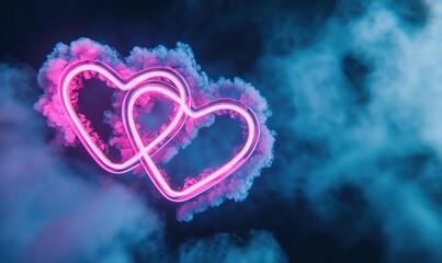 Wall Mural - Two intertwined hearts, with pink neon outlines, are surrounded by pink and blue smoke on a dark background. AI.